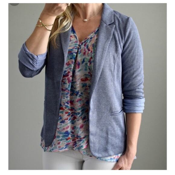 Skies are Blue Asa Stretch Knit Open Jacket Blazer Chambray Blue Cuffed women L - Picture 3 of 13